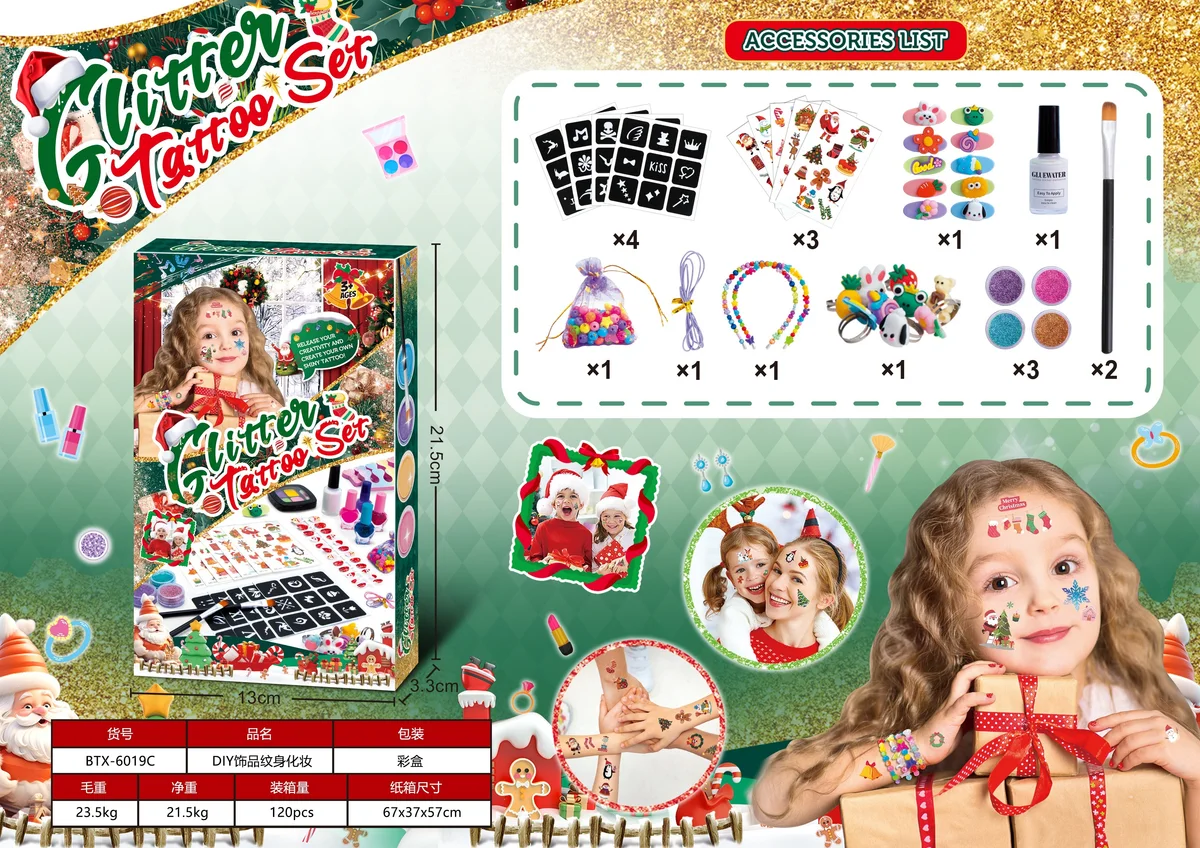 Christmas Kids Tattoo Sticker Set + Beads Headband