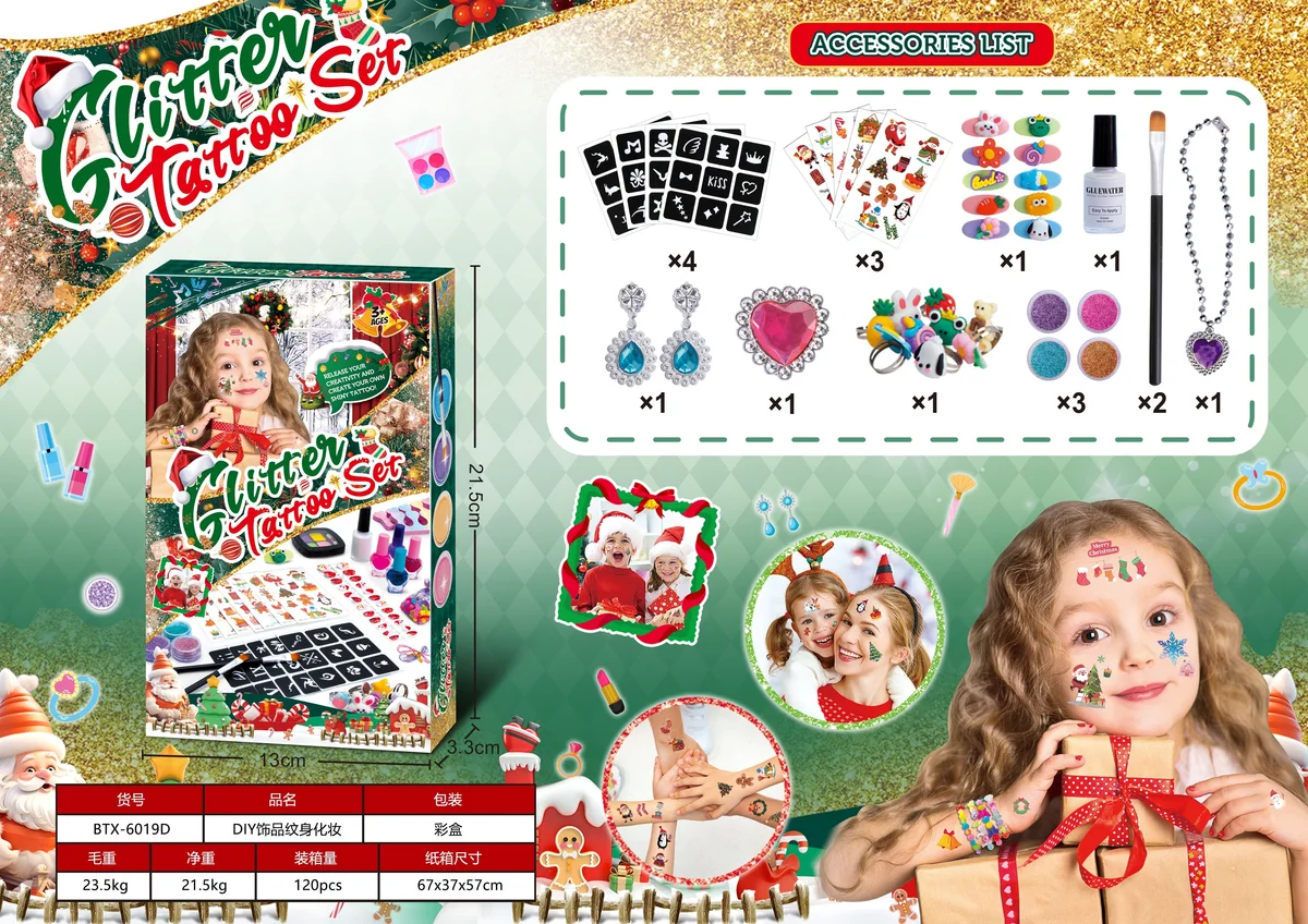 Christmas Kids Tattoo Sticker Set + Earrings & Necklace