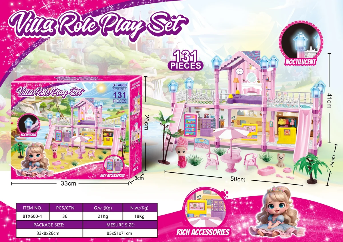 Glow-in-Dark DIY Princess Dollhouse Playset (Large, 131 pcs)