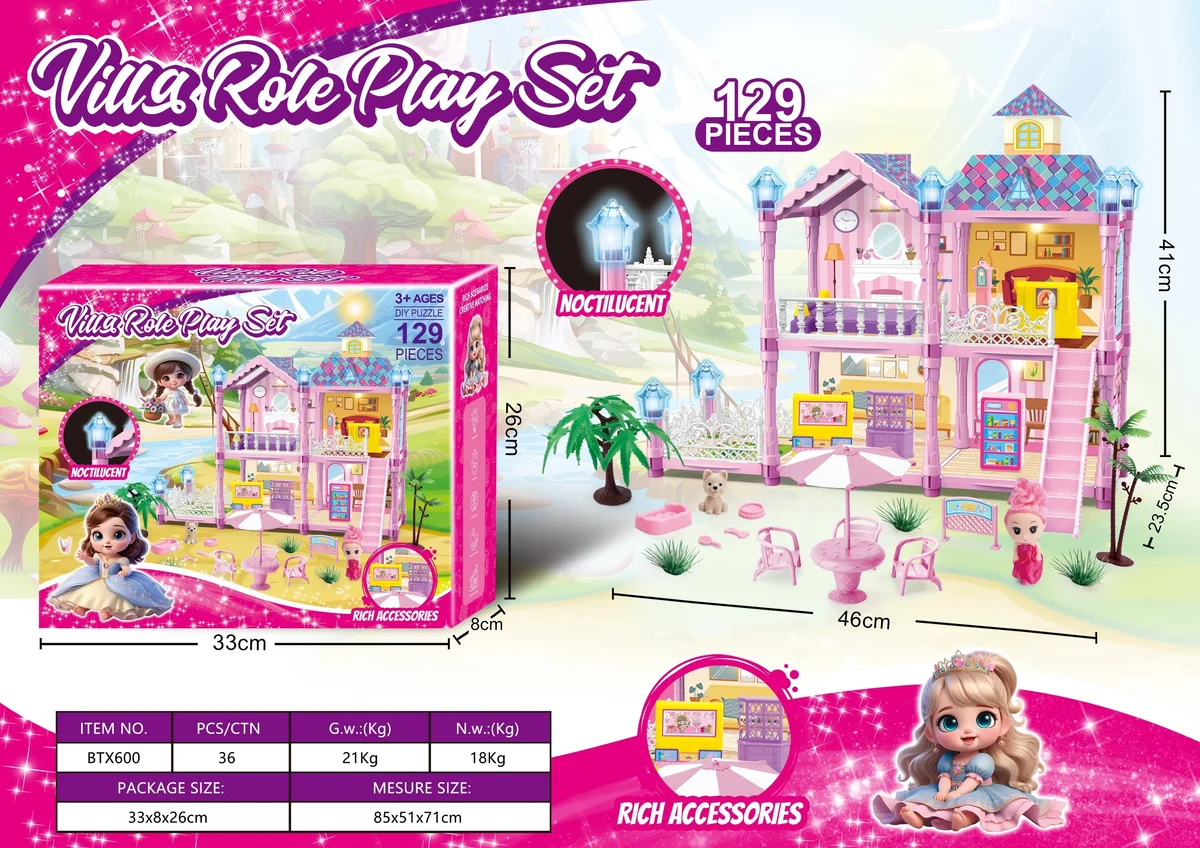 Glow-in-Dark DIY Princess Dollhouse Playset (Large, 129 pcs)