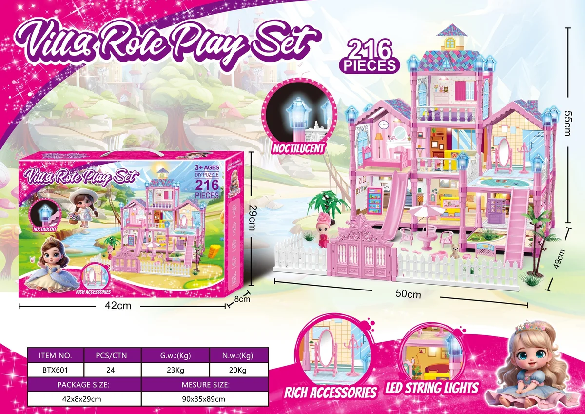 Light-Up & Glow-in-Dark DIY Princess Dollhouse Playset (Large, 216 pcs)