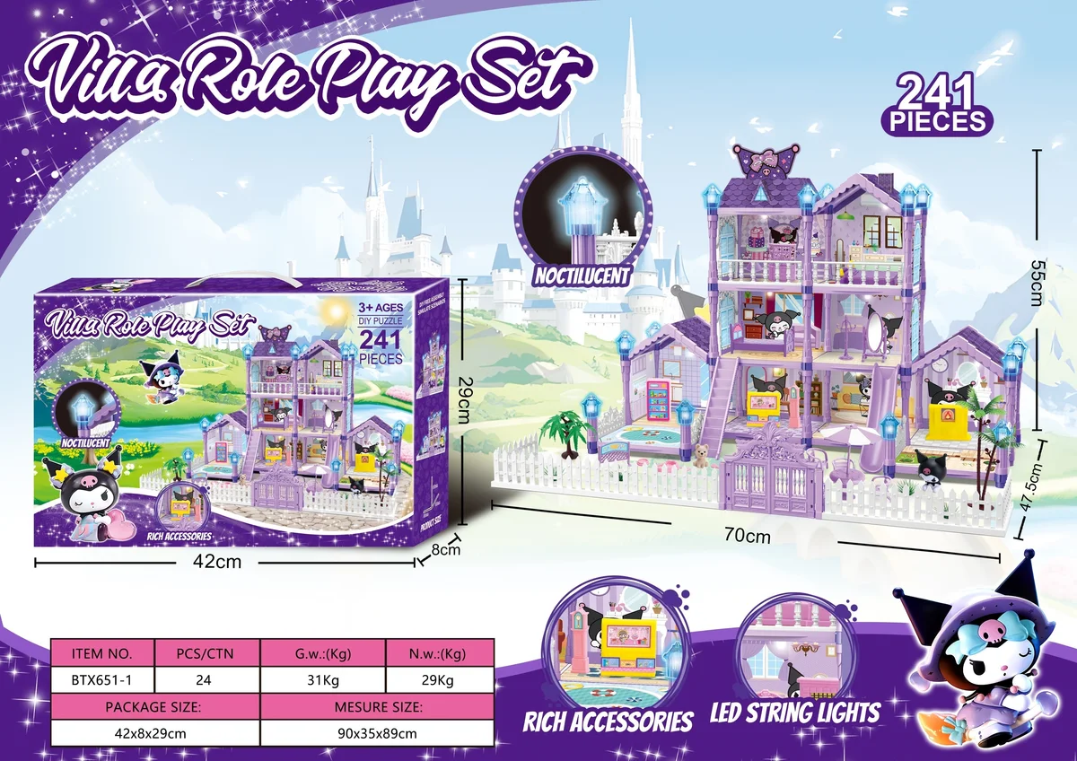 Light-Up & Glow-in-Dark DIY Kuromi Dollhouse Playset (Large, 243 pcs)