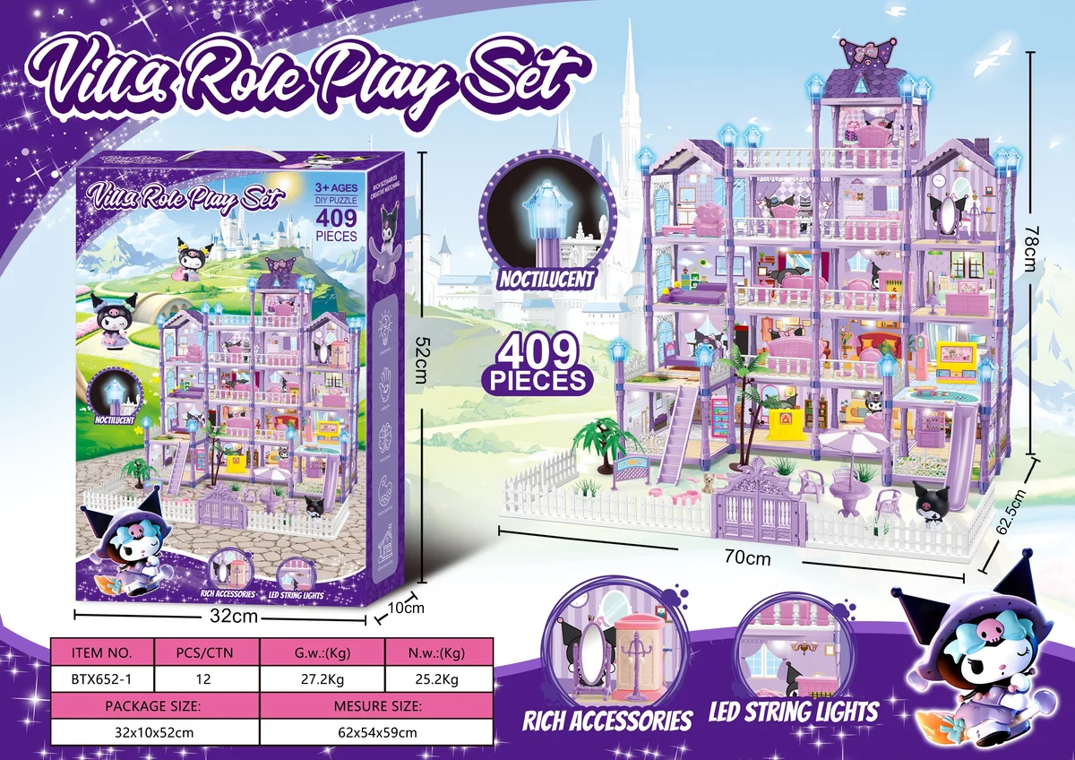 Light-Up & Glow-in-Dark DIY Kuromi Dollhouse Playset (Large, 409 pcs)