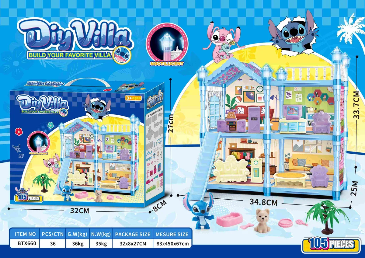 Glow-in-Dark DIY Stitch Dollhouse Playset (Small, 105 pcs)