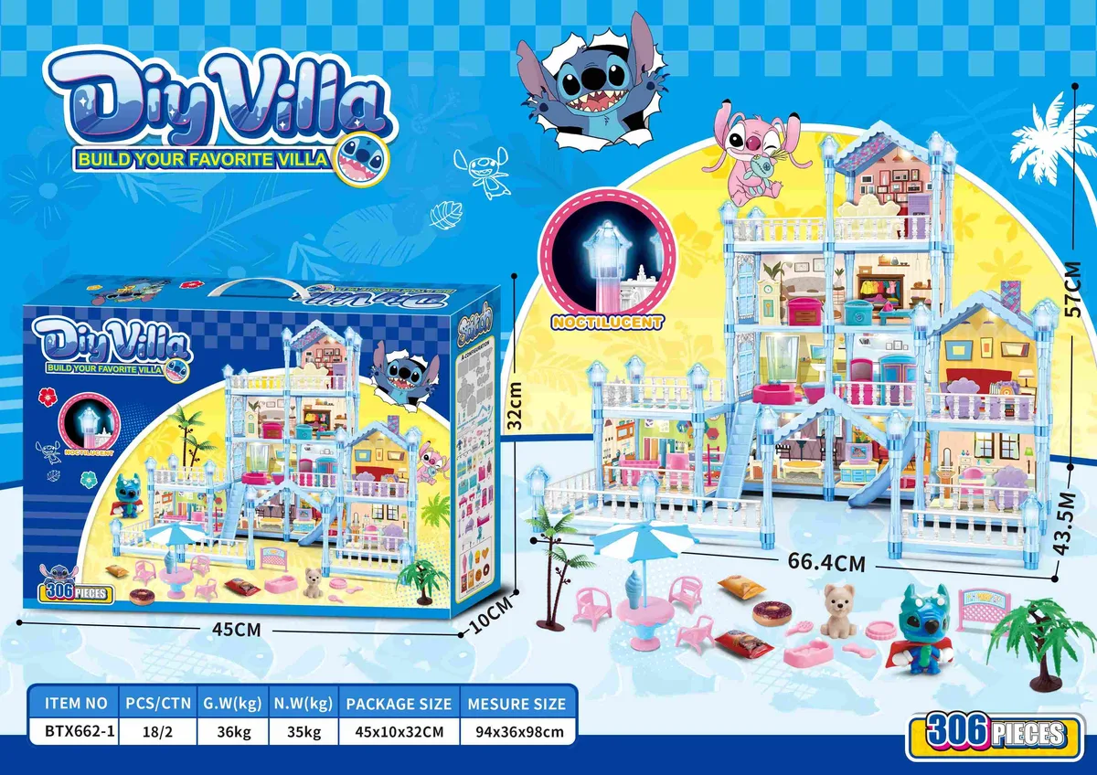 Light-Up & Glow-in-Dark DIY Stitch Dollhouse Playset (Large, 306 pcs)