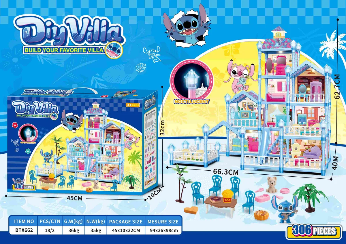 Light-Up & Glow-in-Dark DIY Stitch Dollhouse Playset (Large, 306 pcs)