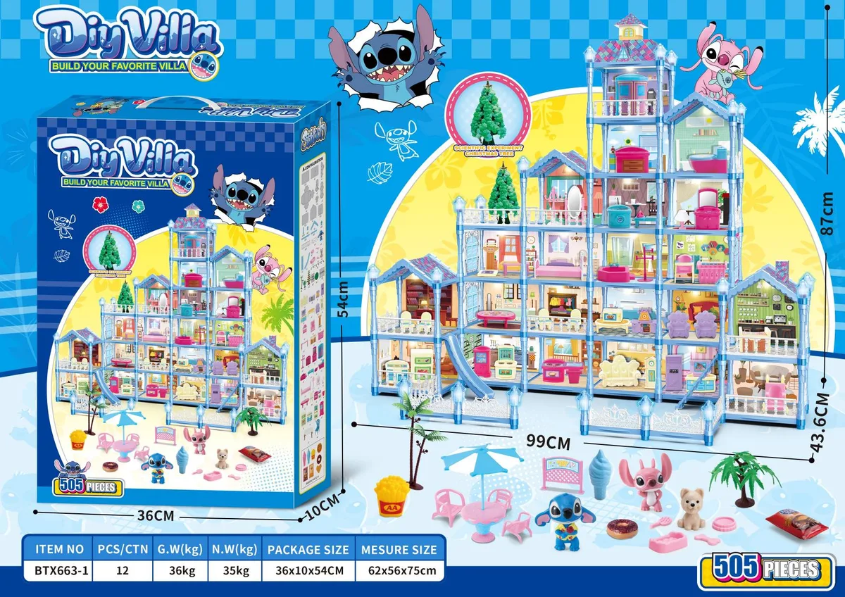 Light-Up & Glow-in-Dark DIY Stitch Dollhouse Playset (Large, 505 pcs)